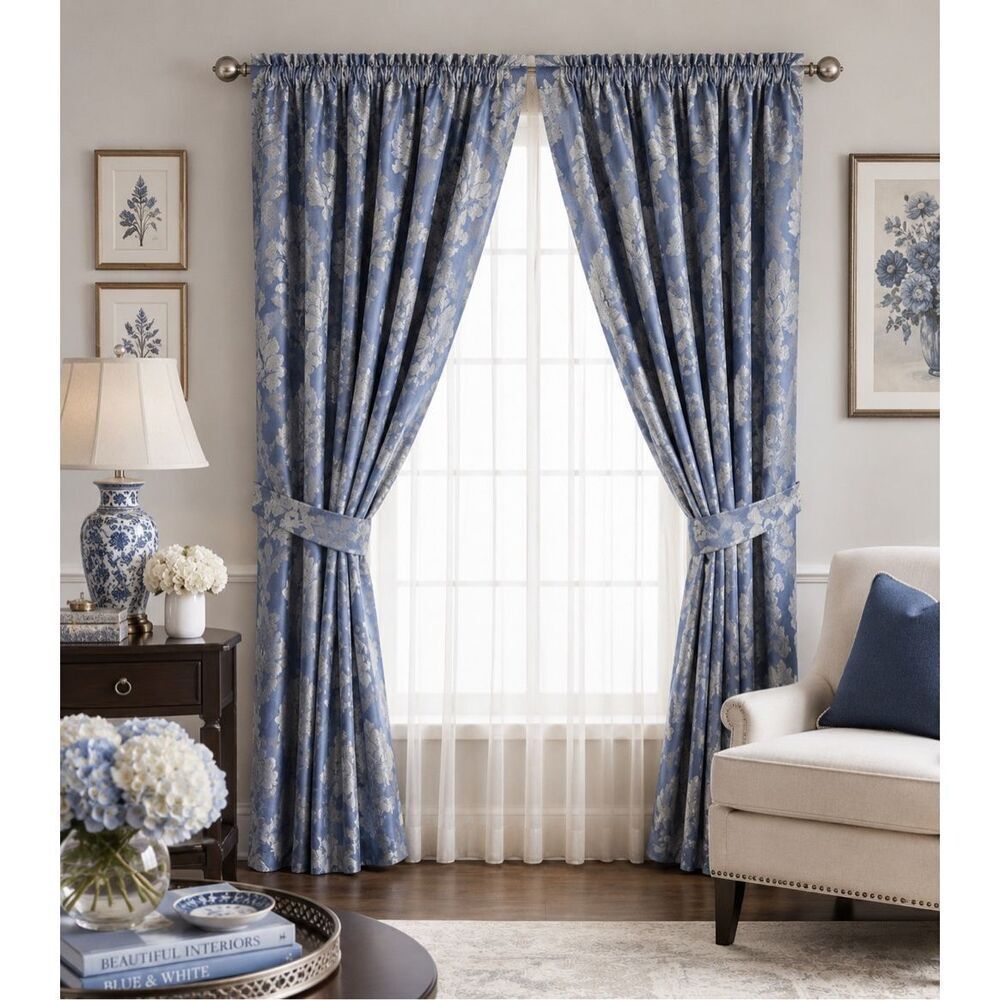Woven Jacquard Petite Scroll Curtain 5 PC Door Window Home Decor Wedgewood